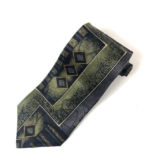 Conte di Milano Silk Tie Vintage 90s Abstract Geometric Green Black Gold - Picture 1 of 7